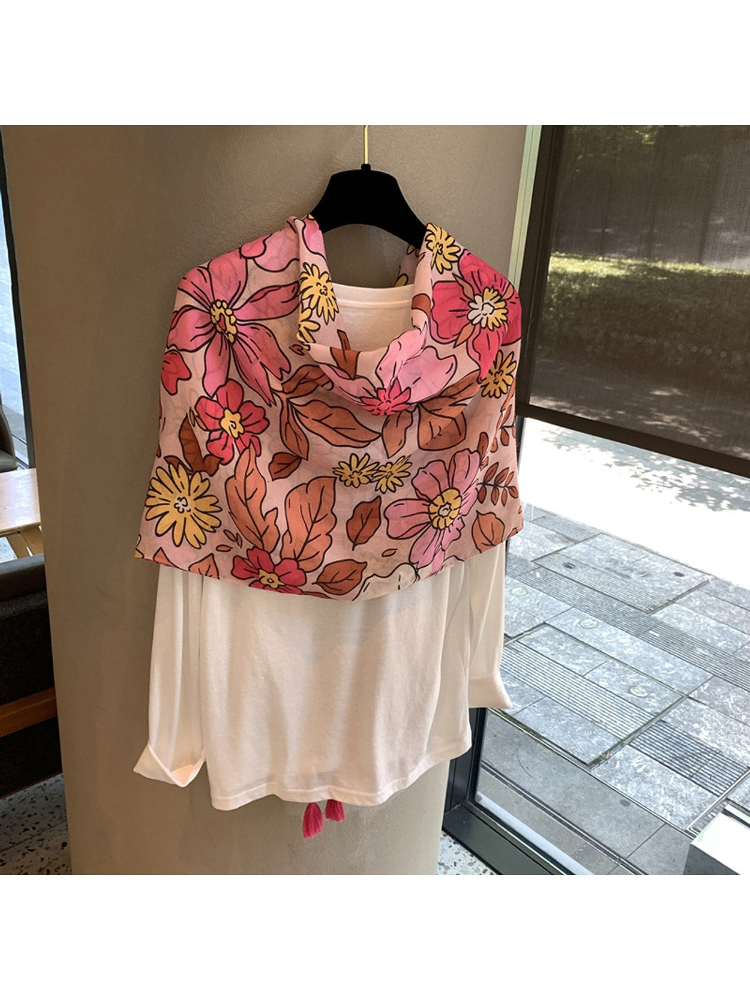 Scarvii - Floral Print Tassel Drape Shawl Scarf
