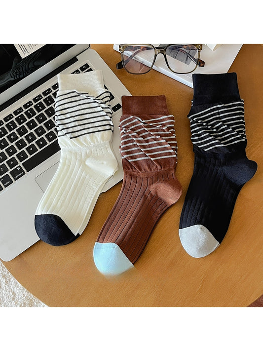 Rufia - Casual Rolled Cuff Stripes Crew Socks