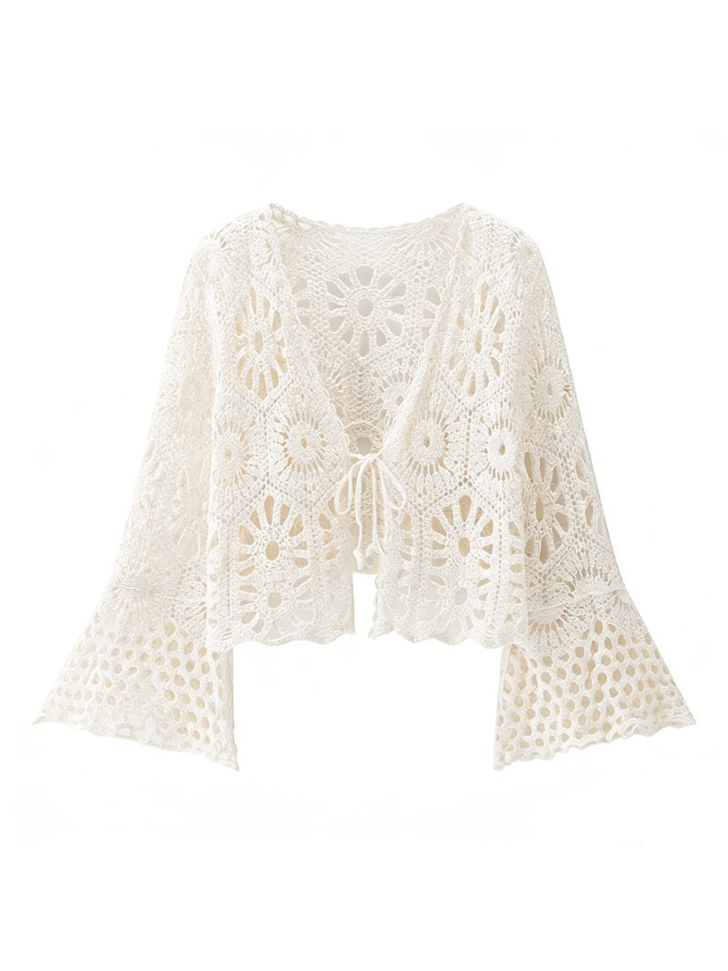 Crosa - Tie Front V Neck Knit Openwork Cardigan