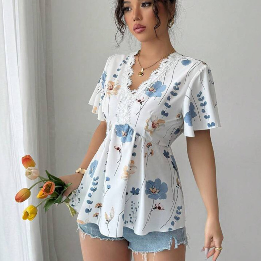 Troposa - Floral V-Neck Peplum Blouse - Summer Ready