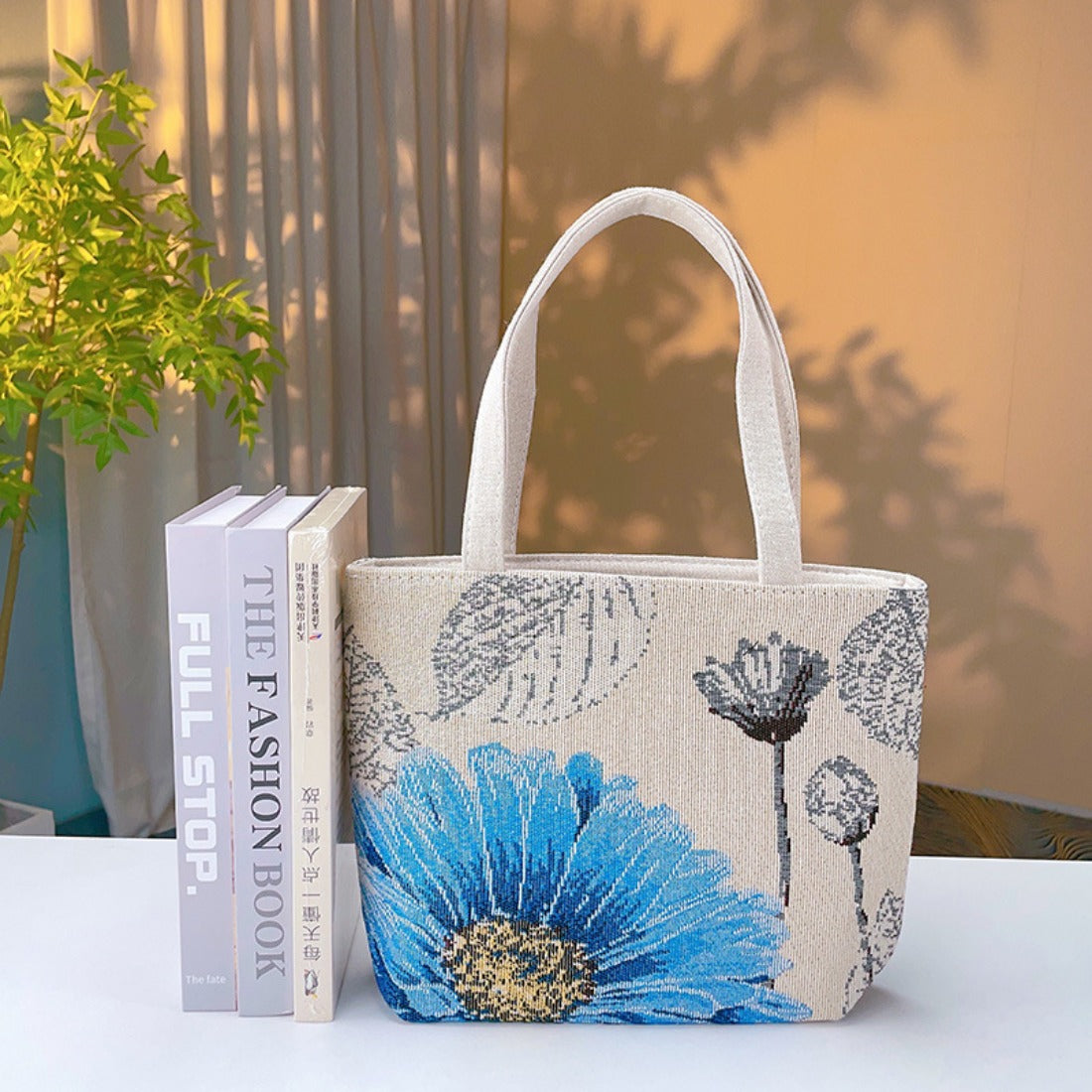 Cosbai - Blue Floral Embroidered Canvas Bag