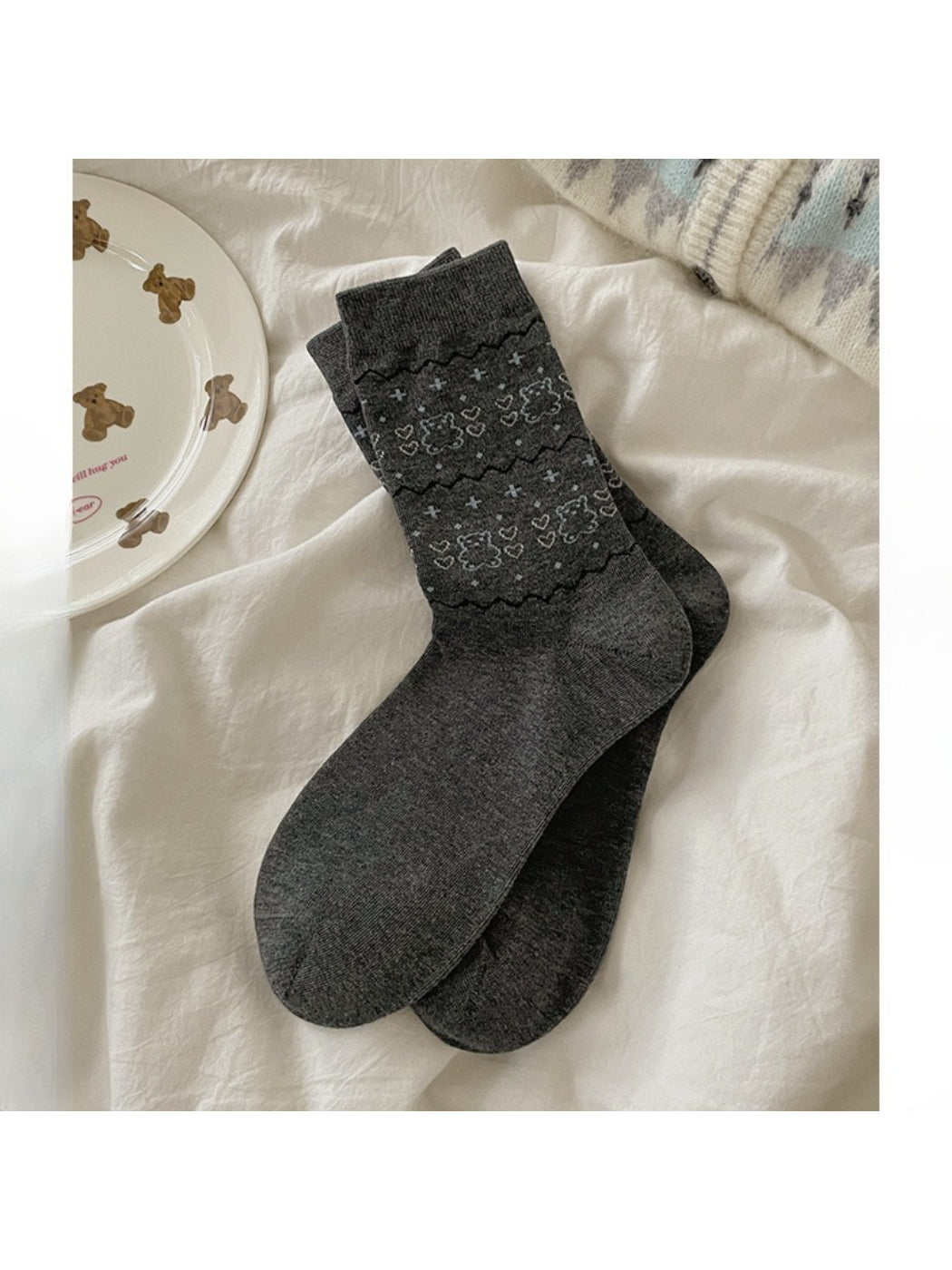 Rufia - Sweet Bear Heart Pattern Crew Socks