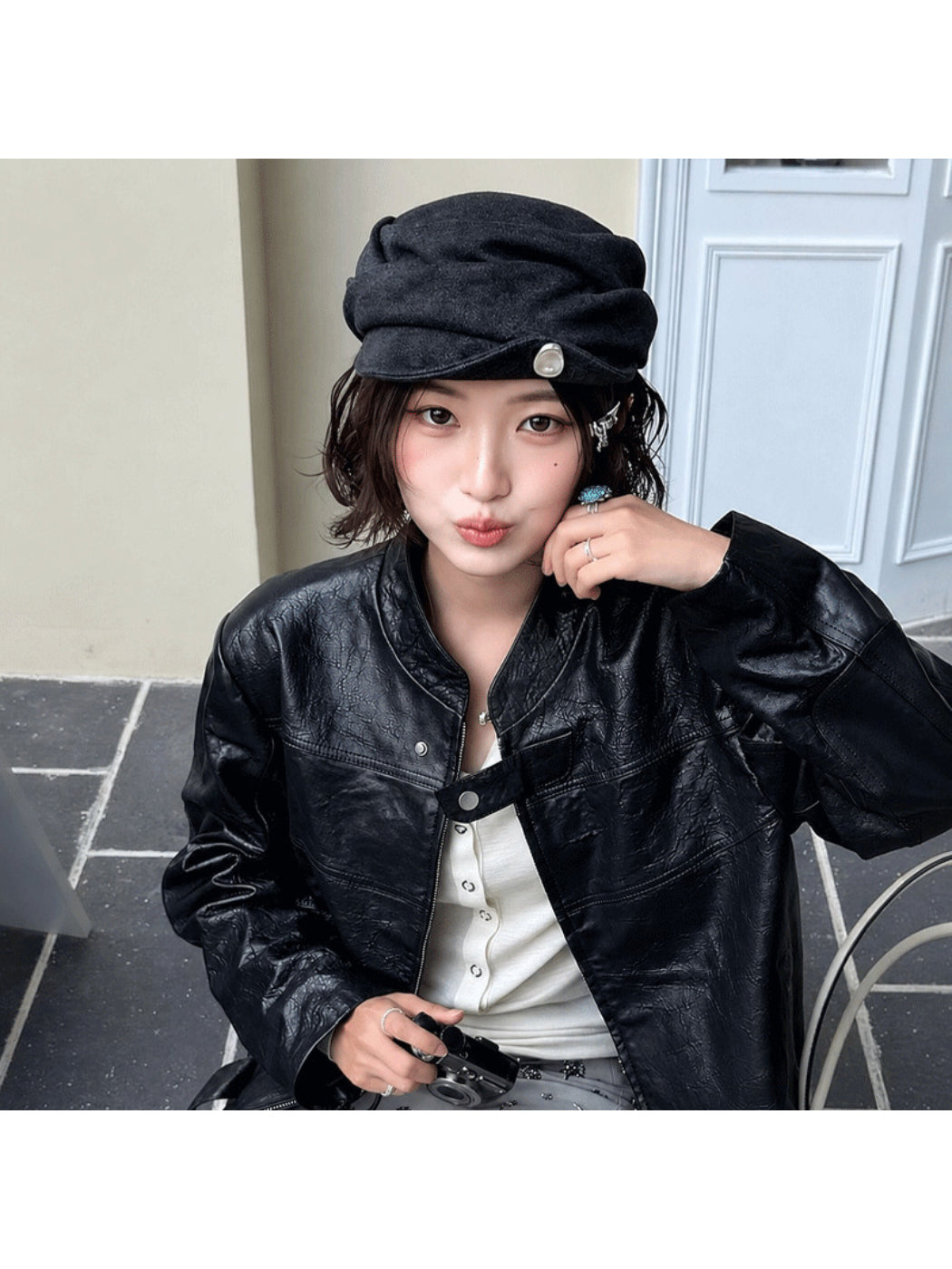 Haila - Button Accent Ruched Asymmetric Brim Hat