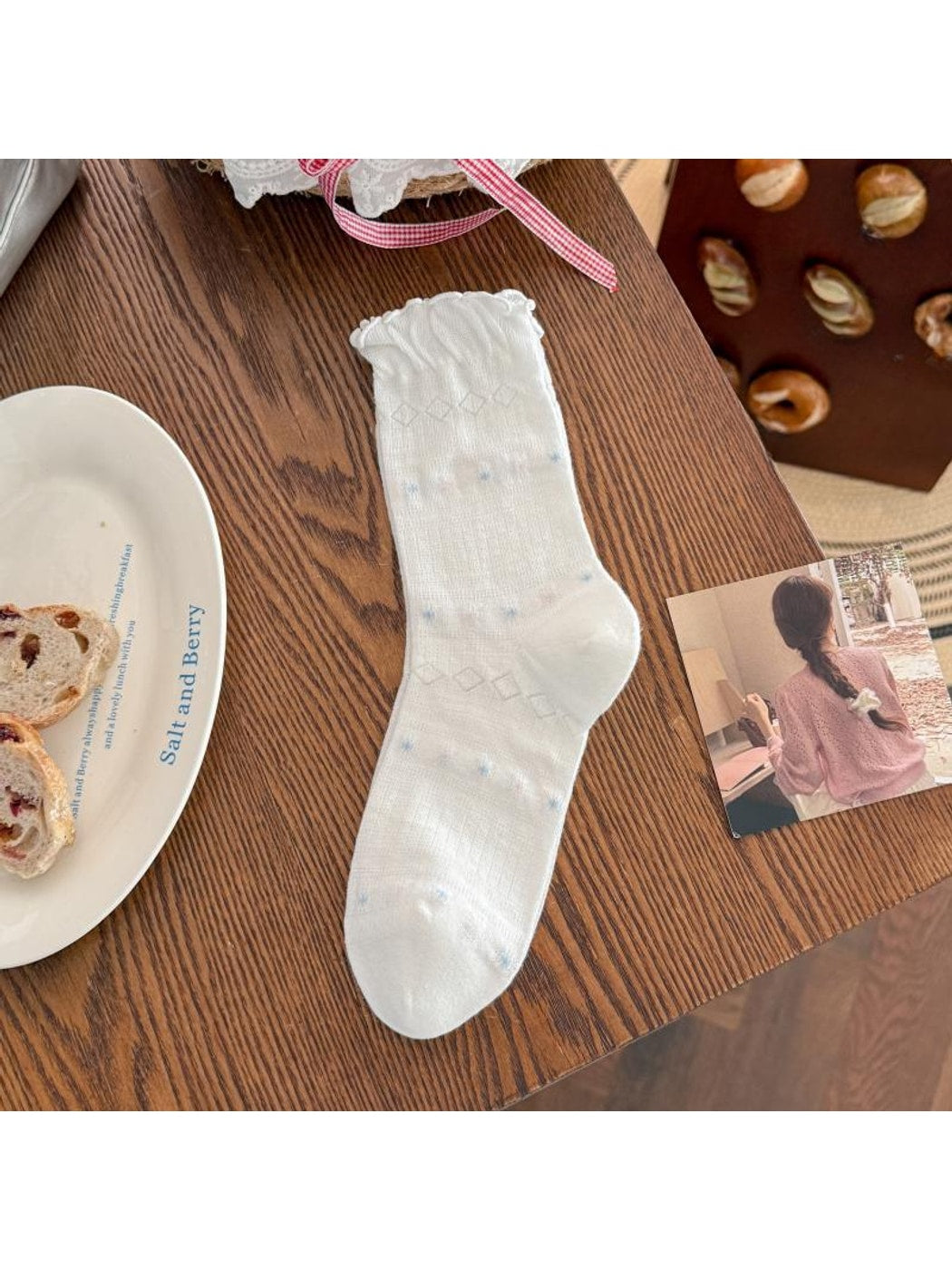 Rufia - Diamond Shaped Openwork Ruffle Crew Socks