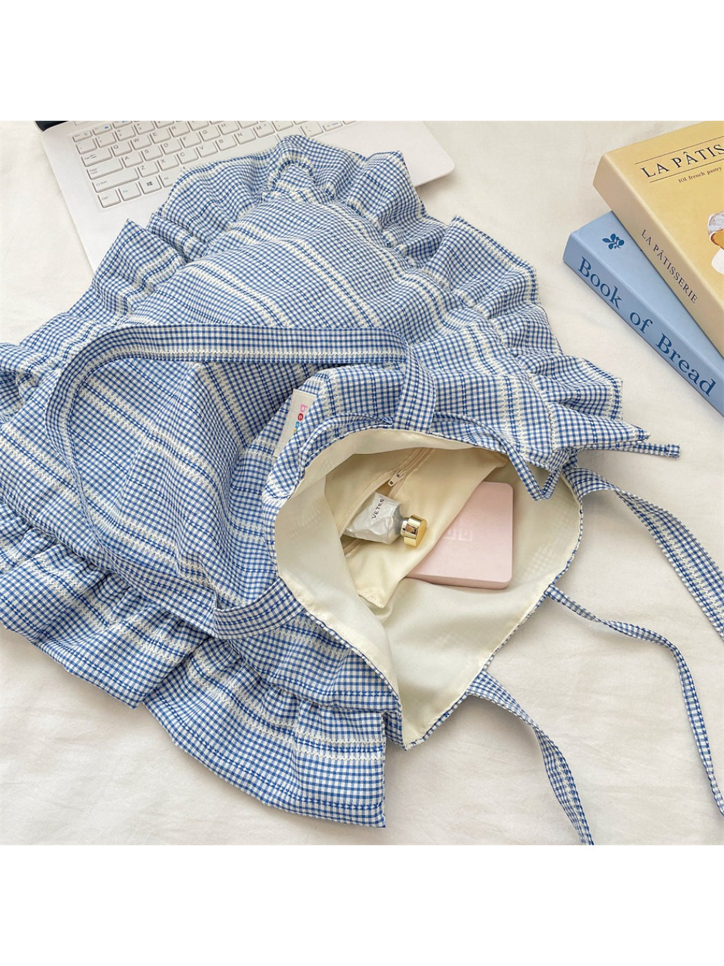 Cosbai pastel plaid shoulder tote bag shown from an angled top view