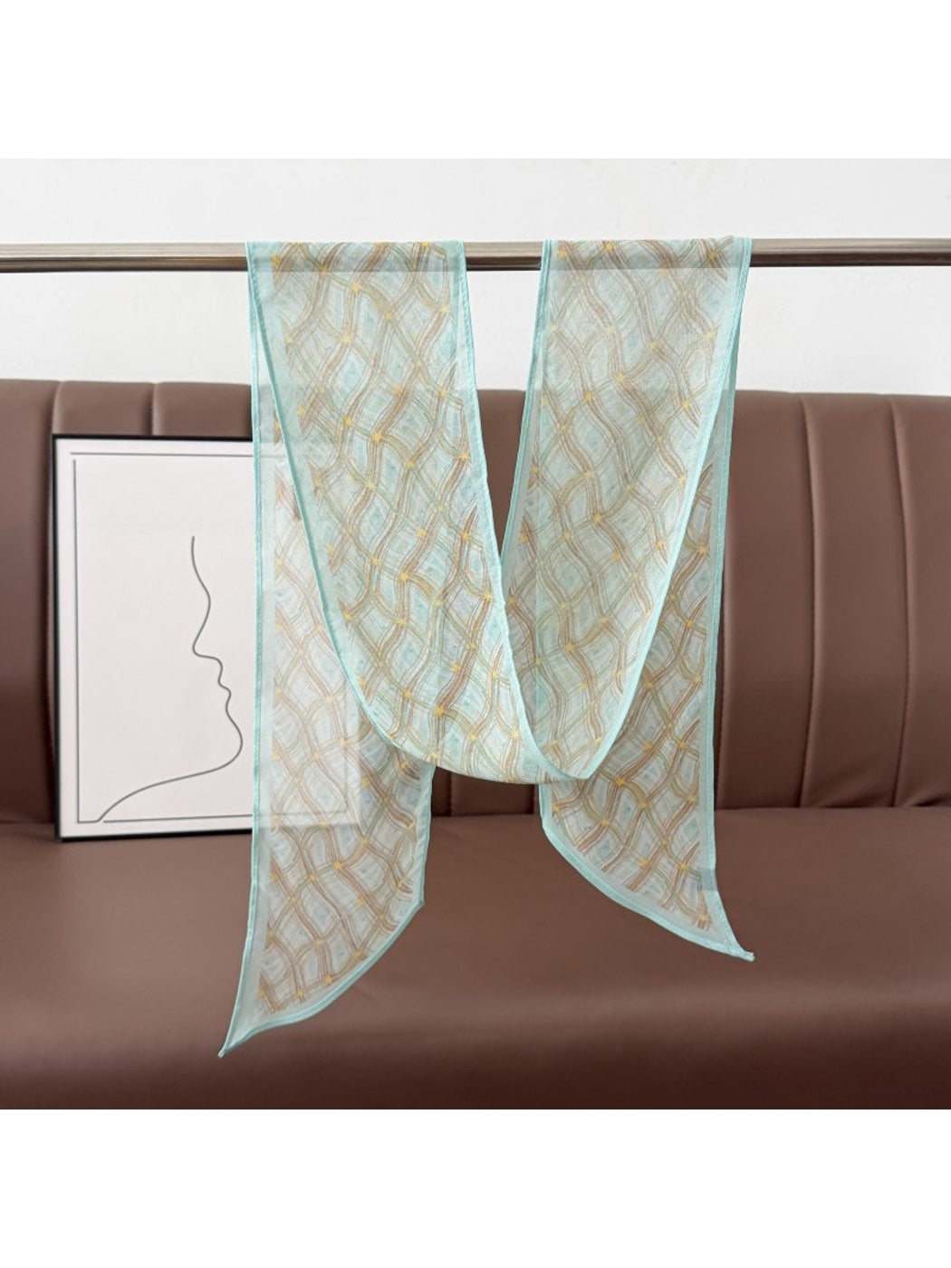 Scarvii - Mint Green Line Print Ribbon Style Scarf