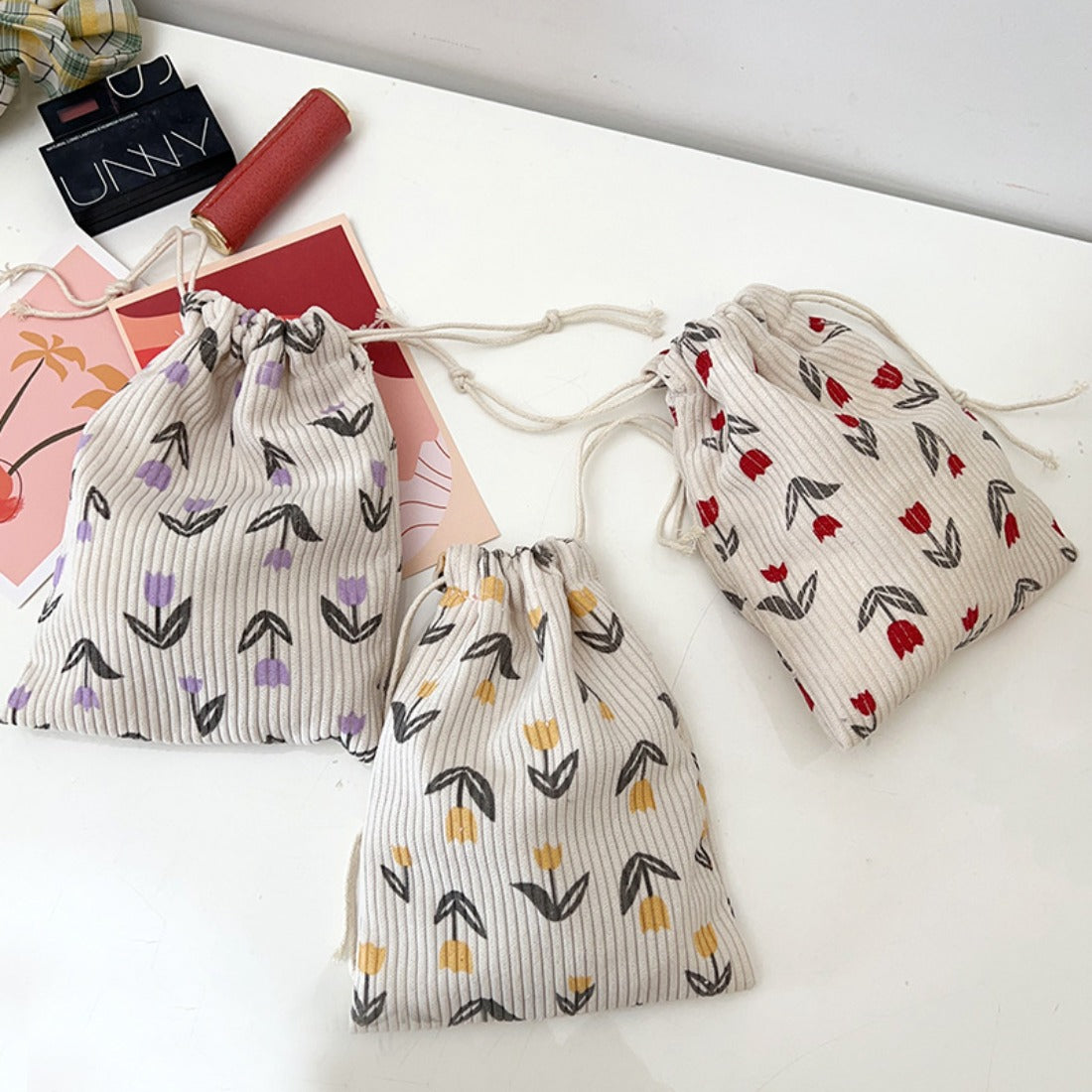 Cosbai - Floral Corduroy Drawstring Pouch