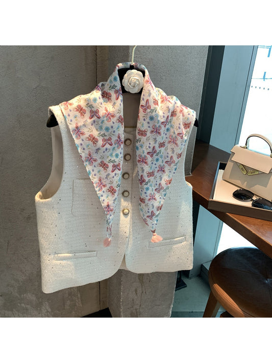 Scarvii - Butterfly Floral Print Tassel Square Scarf