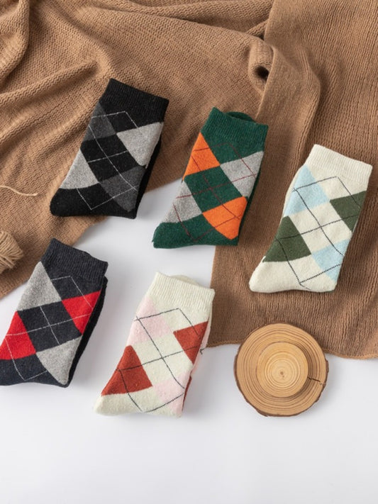 Rufia - Retro Plaid Thick Mid-Calf Winter Socks - 5 Pairs/Pack