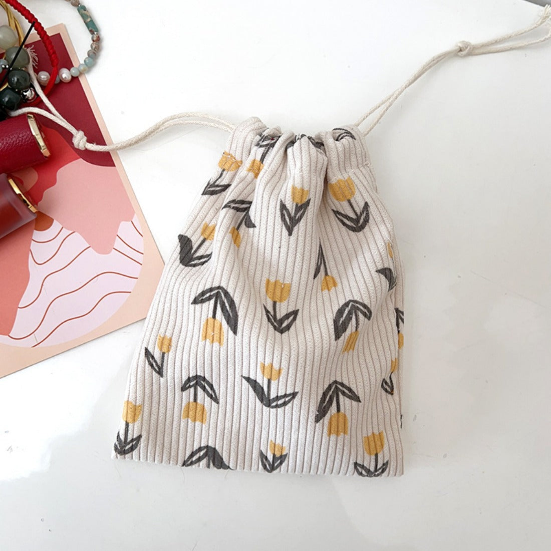 Cosbai - Floral Corduroy Drawstring Pouch