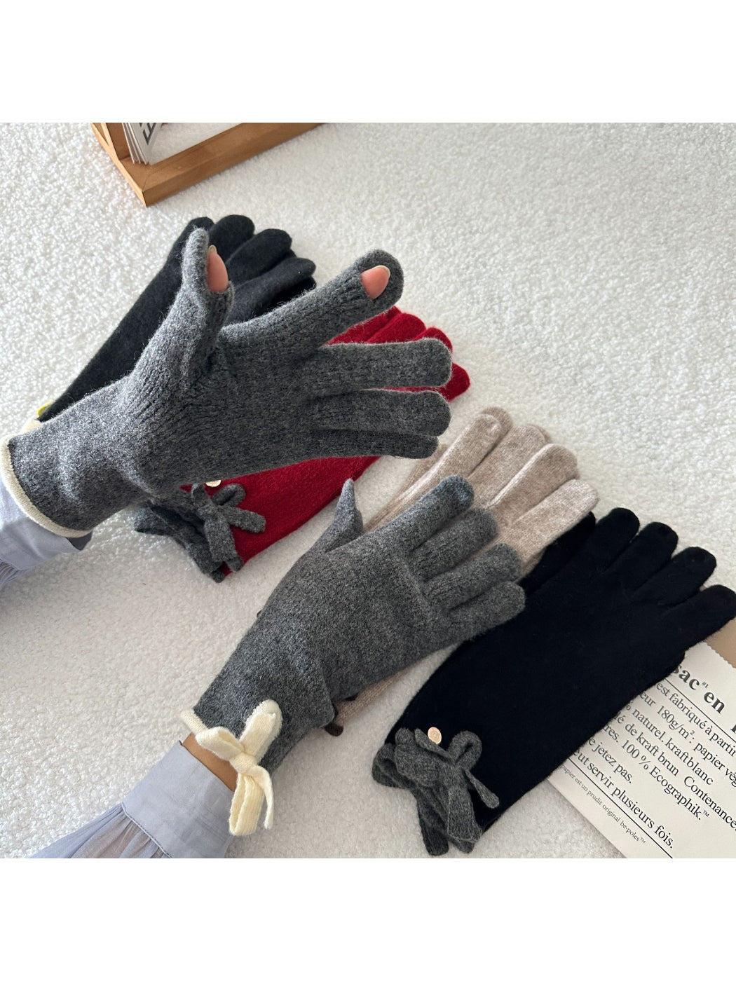 Gloving - Bow Detail Fuzzy Touchscreen Gloves