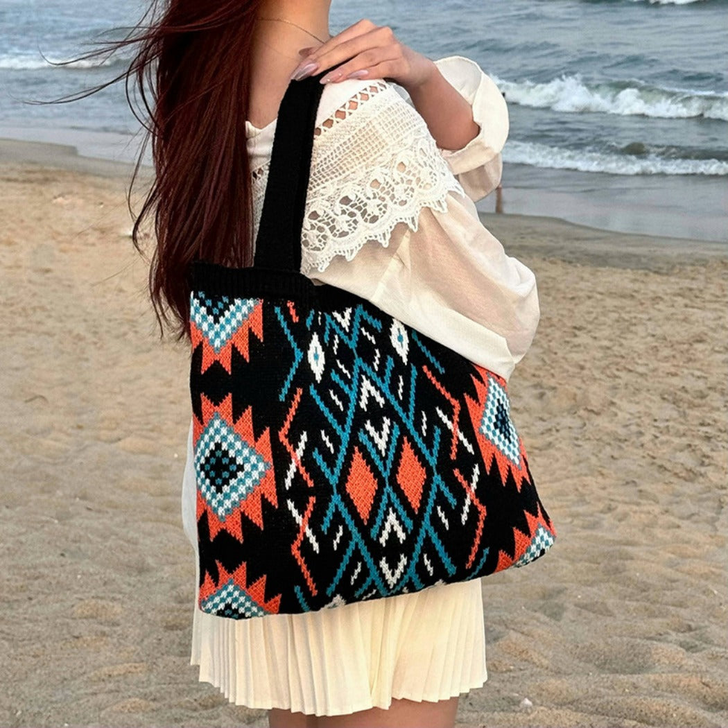 Cosbai - Boho Chic Geometric Shoulder Bag - Beige / Black