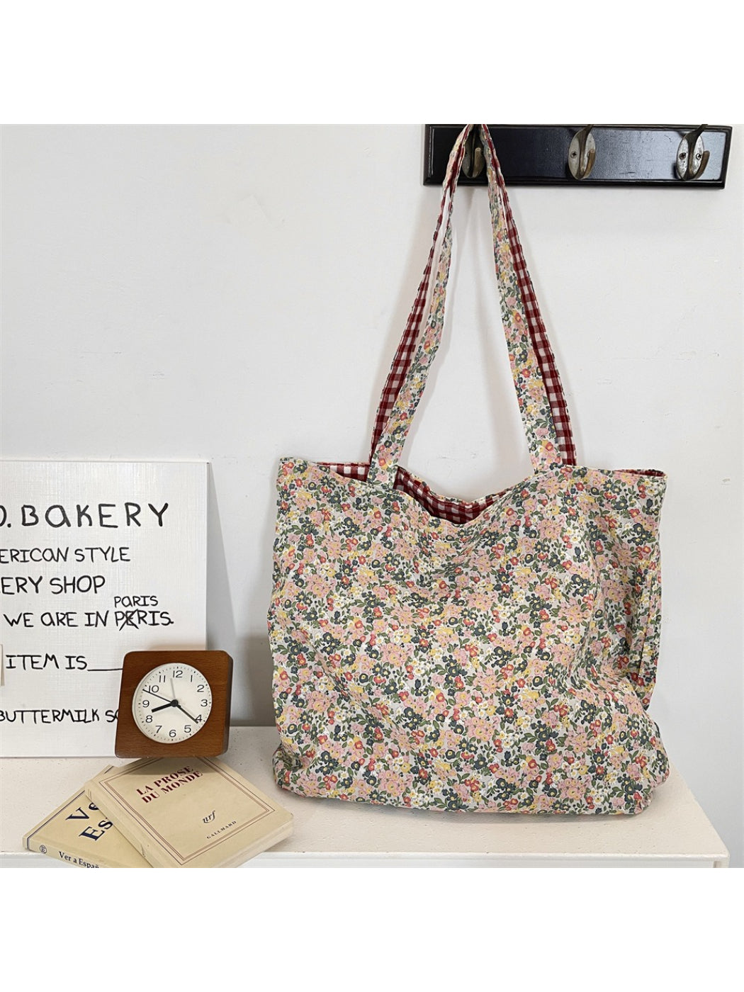 Cosbai - Reversible Gingham Floral Shoulder Bag