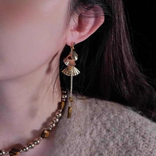 Earwish - Golden Fan & Bead Earrings - Classic & Chic