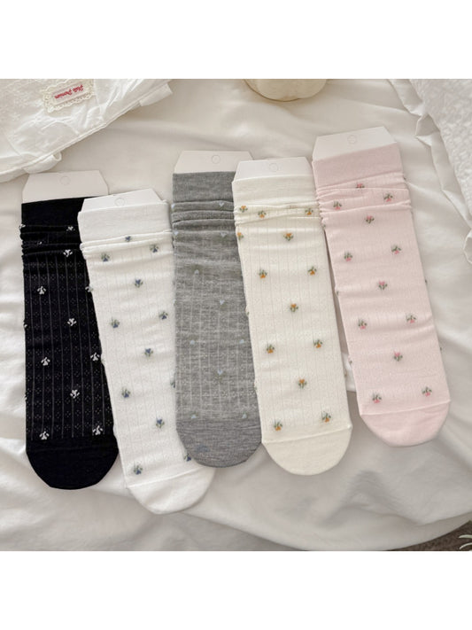 Close-up of ribbed texture and small floral pattern on Rufia crew socks