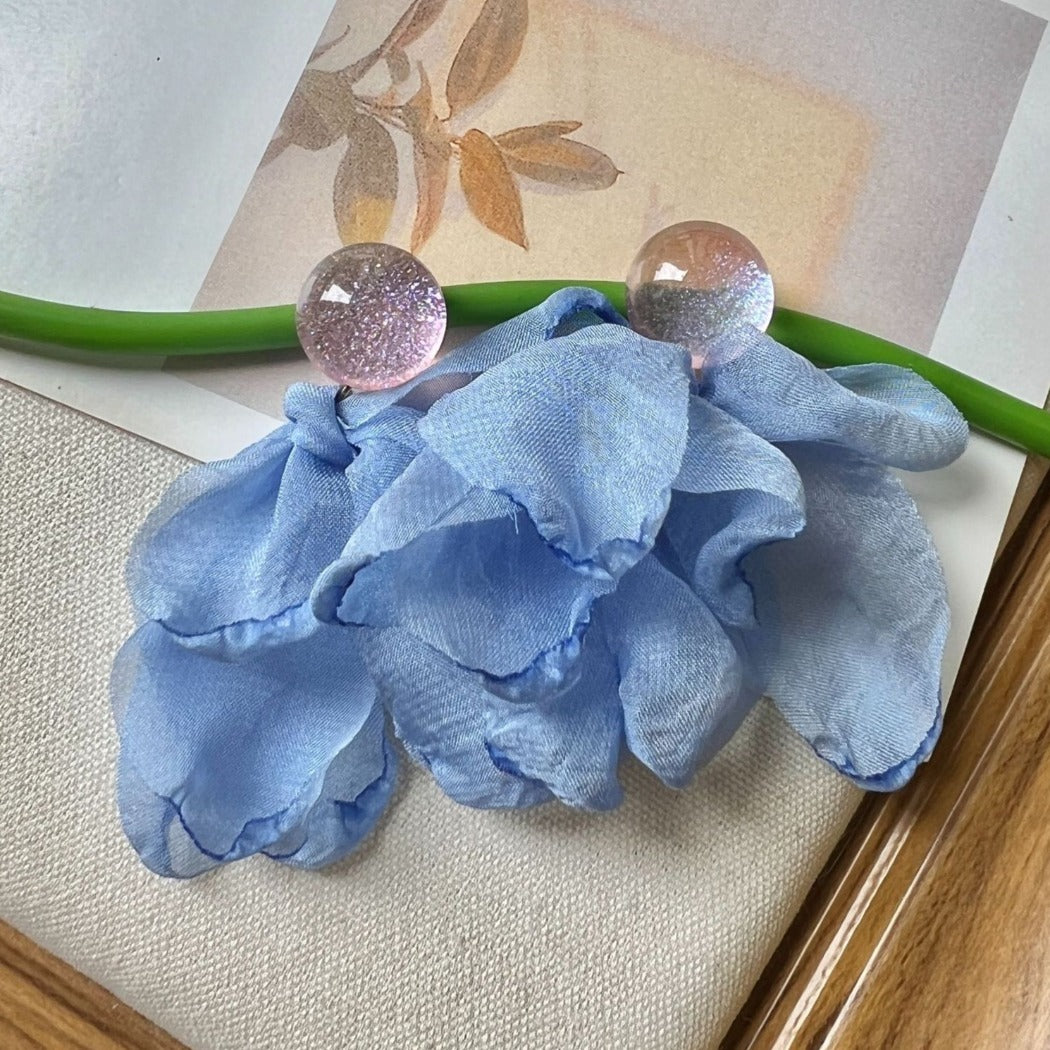 Earwish - Delicate Soft Blue Petal Earrings With Bead
