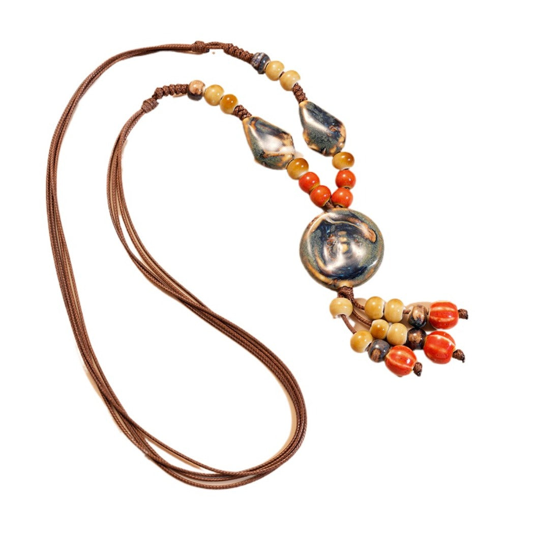 Bauai - Boho Ceramic Bead Fringe Long Necklace - Vintage & Unique