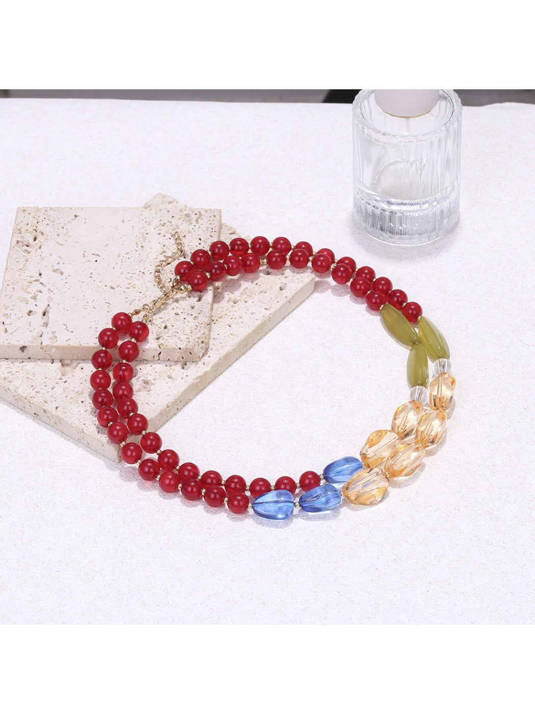 Neckit color block beaded statement necklace worn on a mannequin showcasing its design and colors