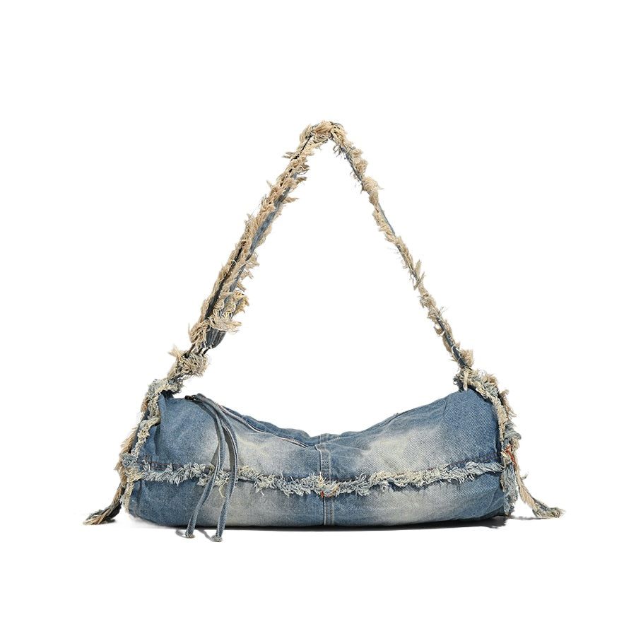 Cosbai - Large-capacity Washed Denim Bag with Shoulder Strap