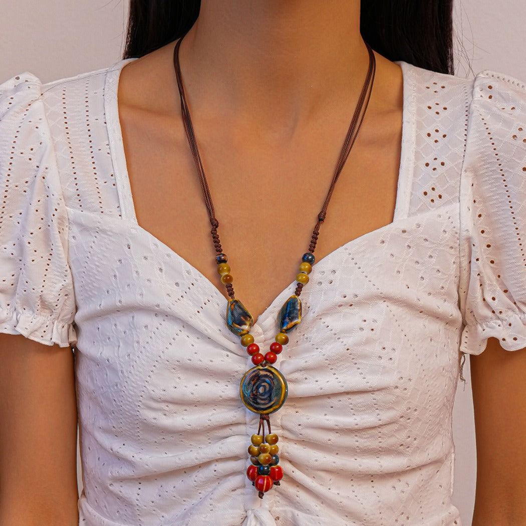 Bauai - Boho Ceramic Bead Fringe Long Necklace - Vintage & Unique