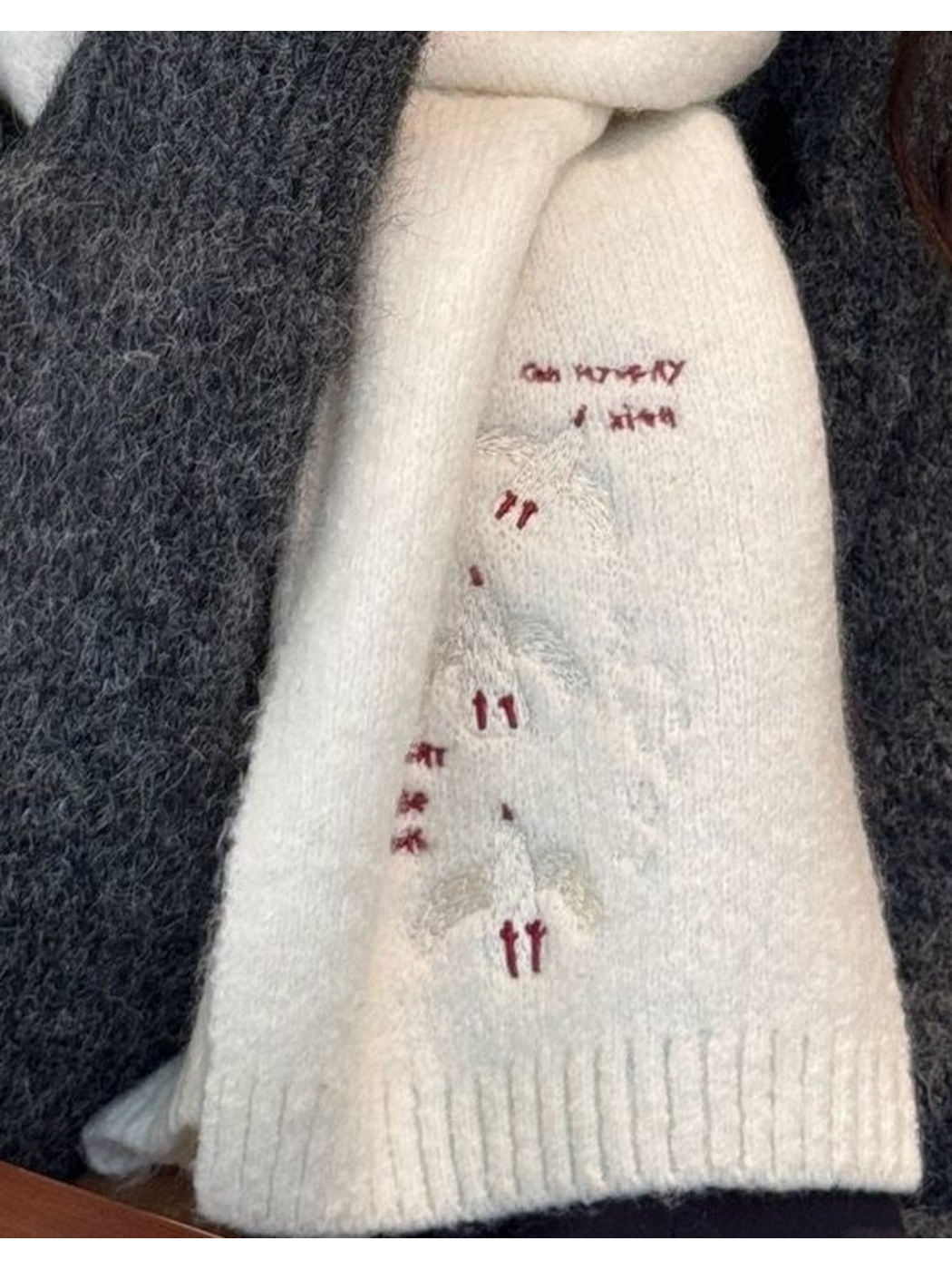 Ivory bird-embroidered scarf, approved limited lower detail