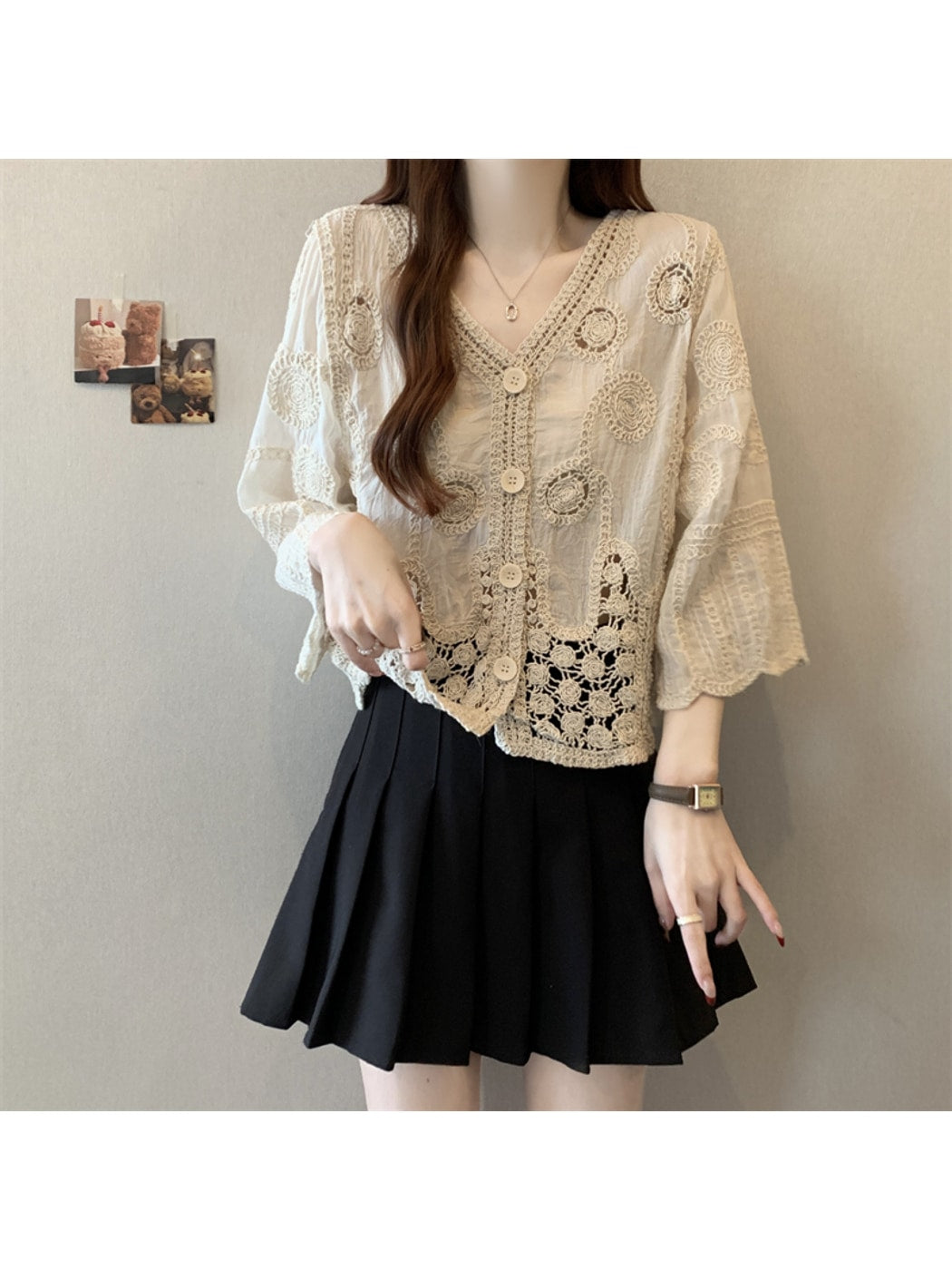 Crosa - Lace Hollow Out V Neck Knit Style Cardigan