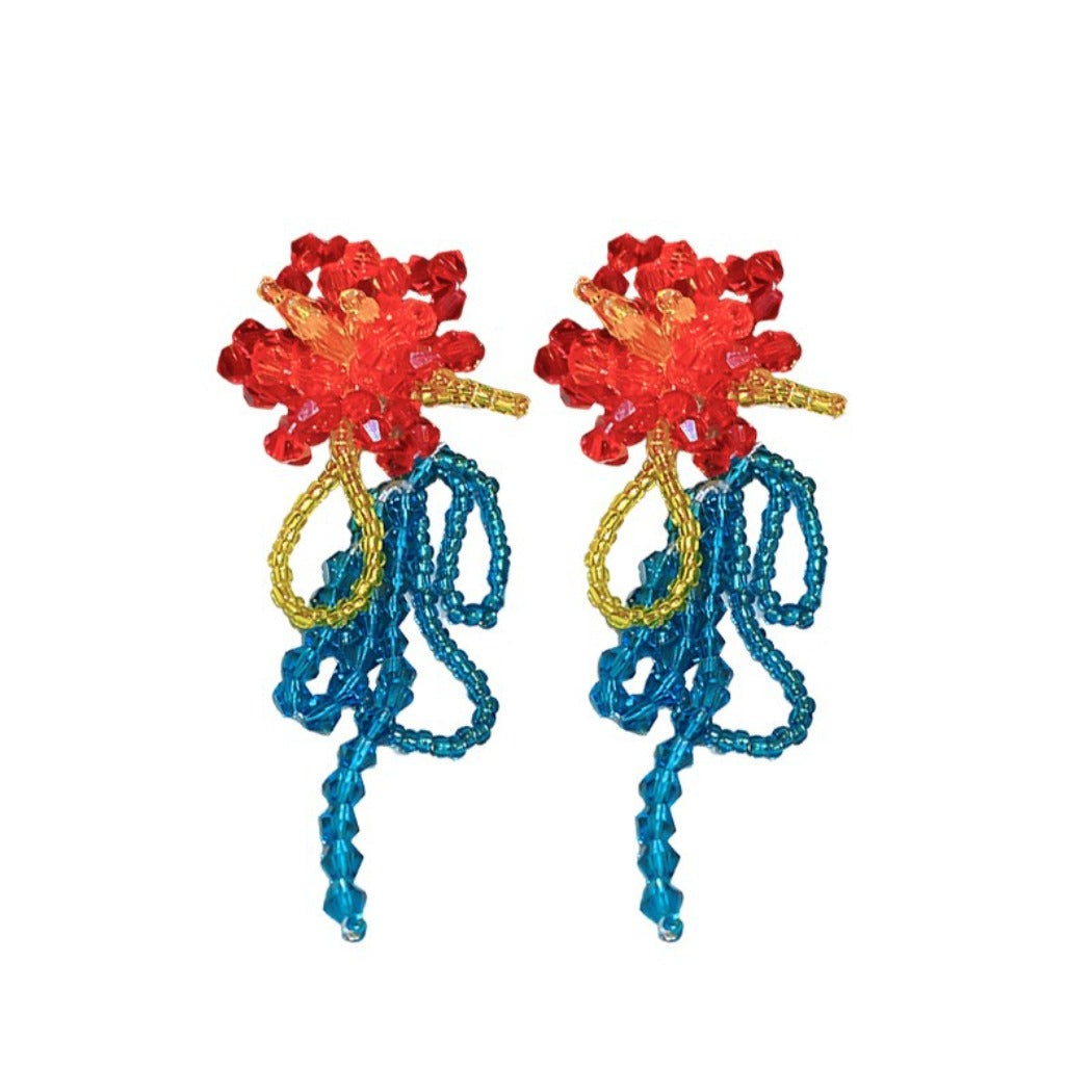 Earwish - Vintage Beaded Flower Fringe Earrings in Red & Blue