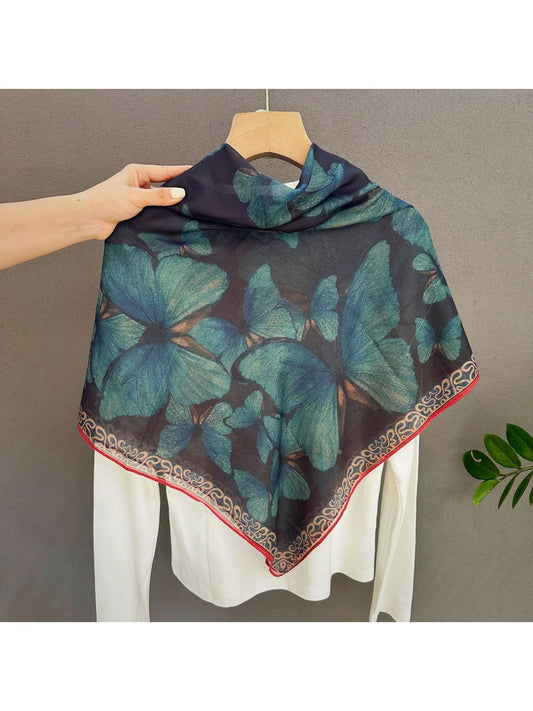 Scarvii - Green Butterfly Print Square Scarf