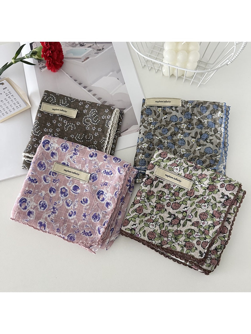 Scarvii - Vintage Floral Print Square Scarf