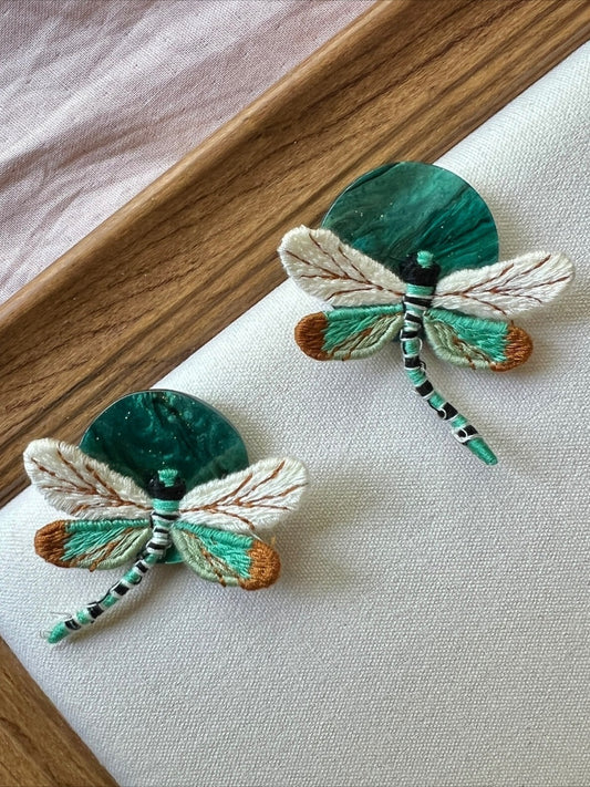 Earwish - Vintage Green Earrings with Dragonfly Shaped