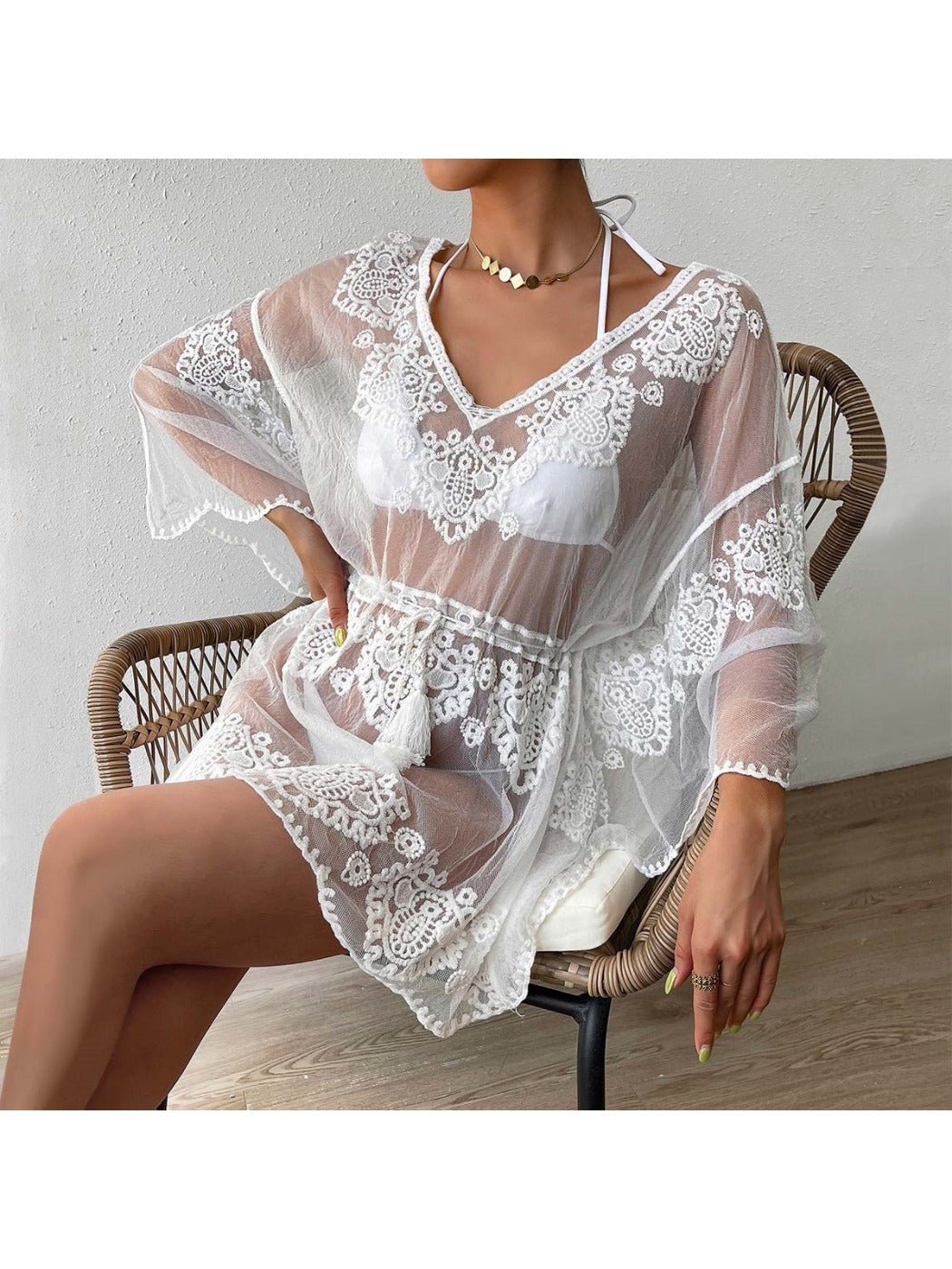 Troposa - Boho Lace Top Beach Cover Up - White