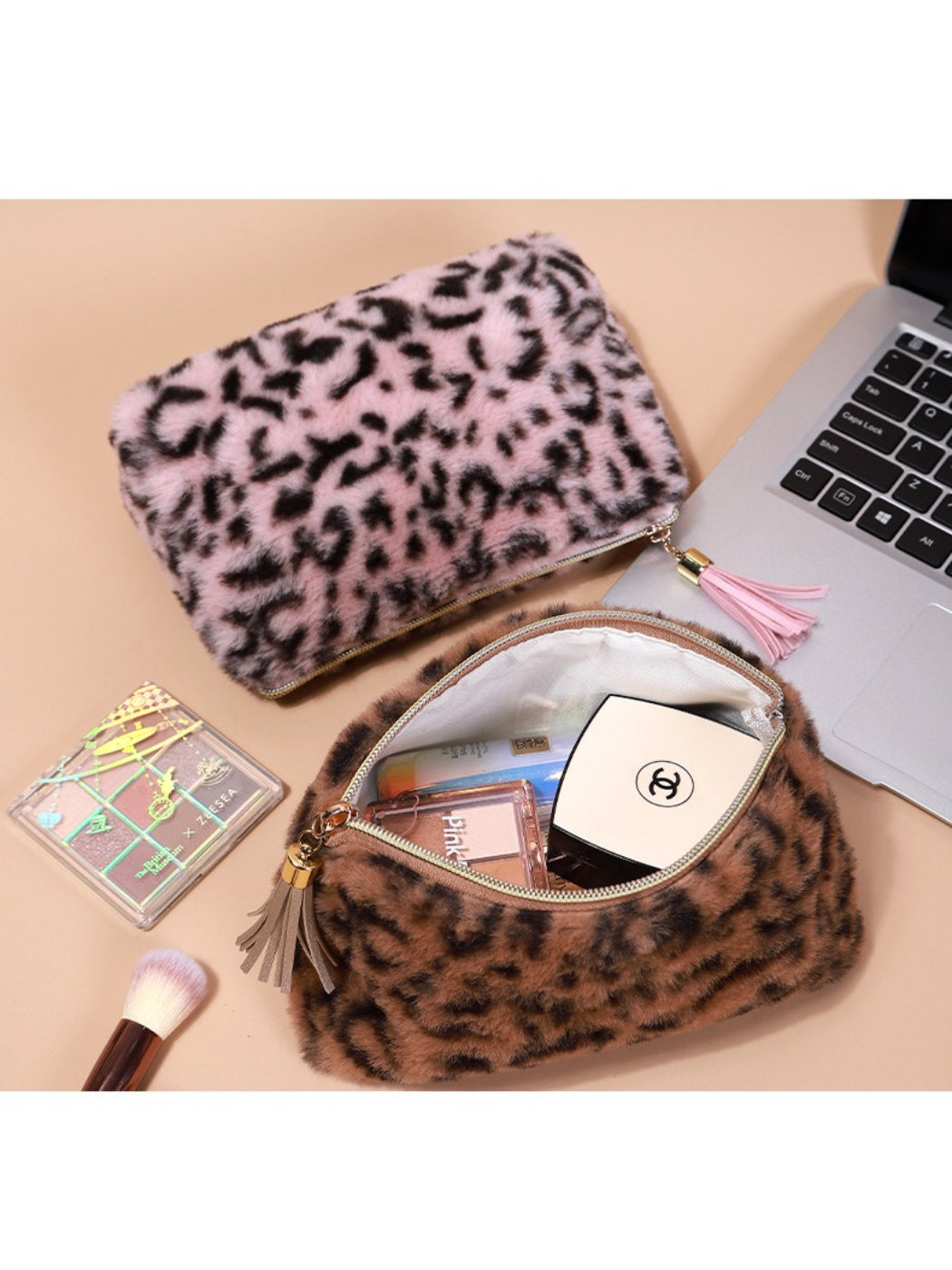 Cosbai plush leopard tassel makeup bag with tassel detail visible