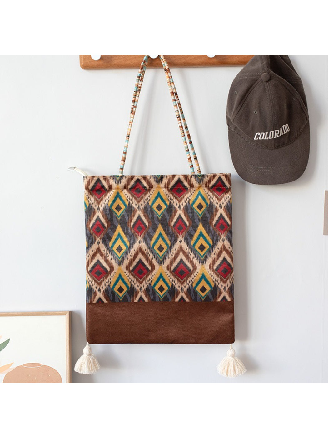 Cosbai Boho Ethnic Tassel Tote bag with colorful ethnic pattern and tassels close-up view