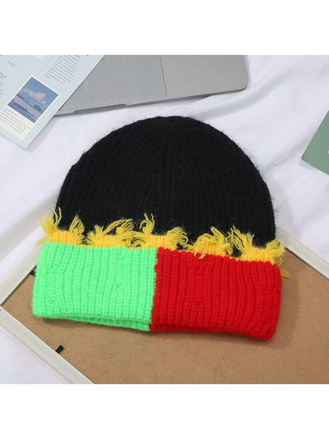Haila - Frayed Trim Ribbed Knit Cuffed Beanie