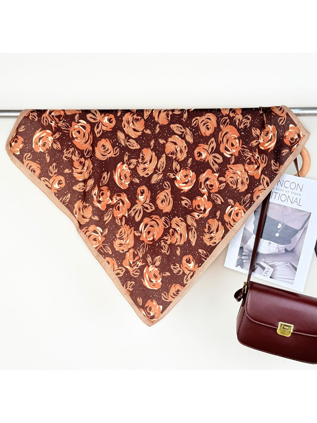 Scarvii rose print square scarf folded with visible tag