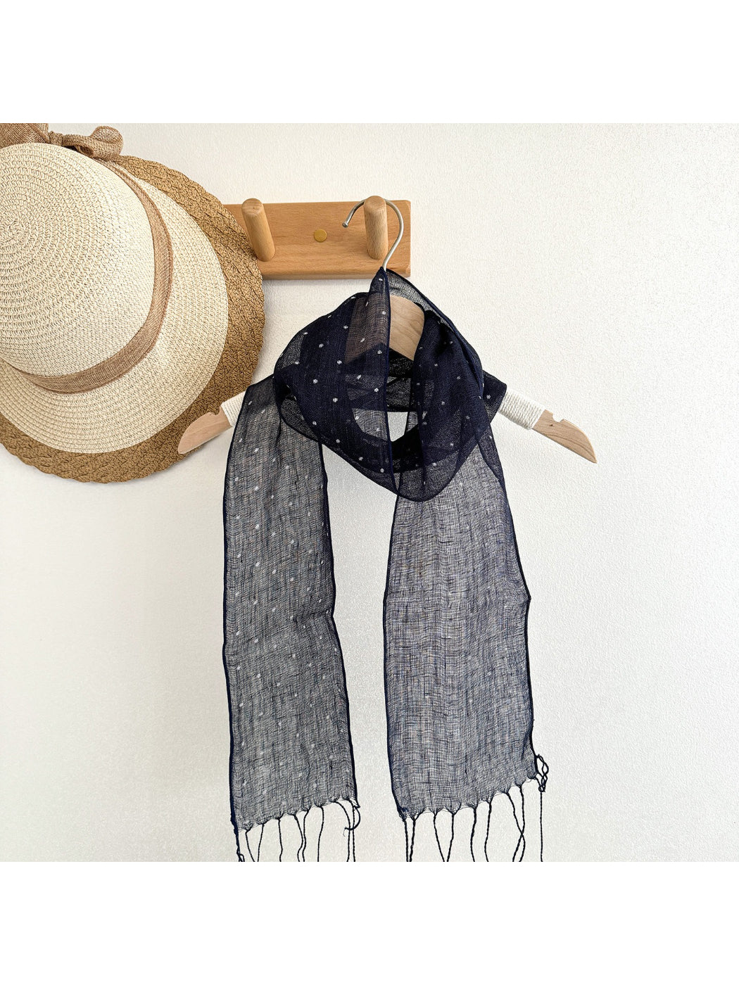 Scarvii polka dot scarf styled with casual outfit outdoors