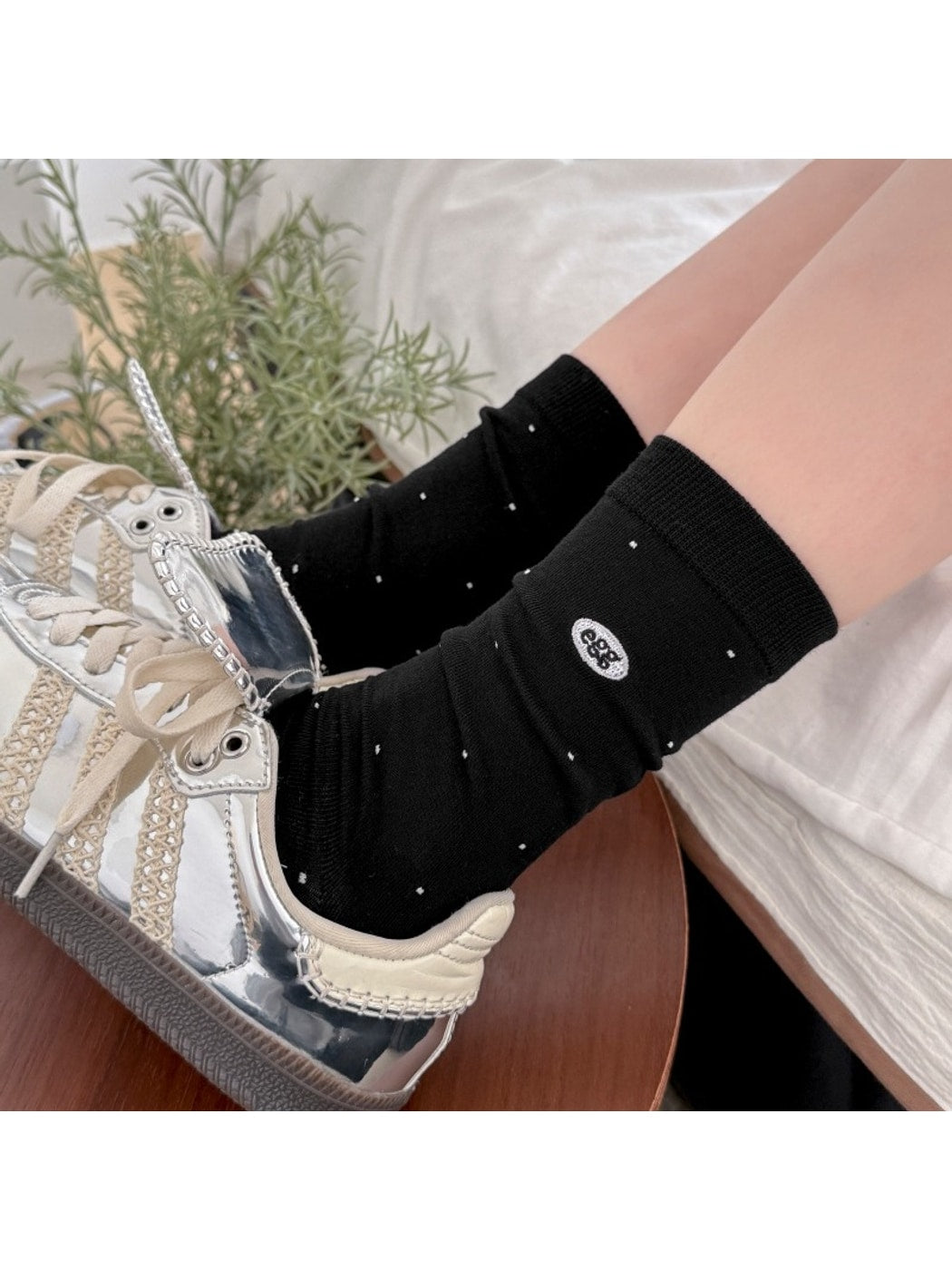 Rufia - Polka Dot Letter Embroidered Crew Socks