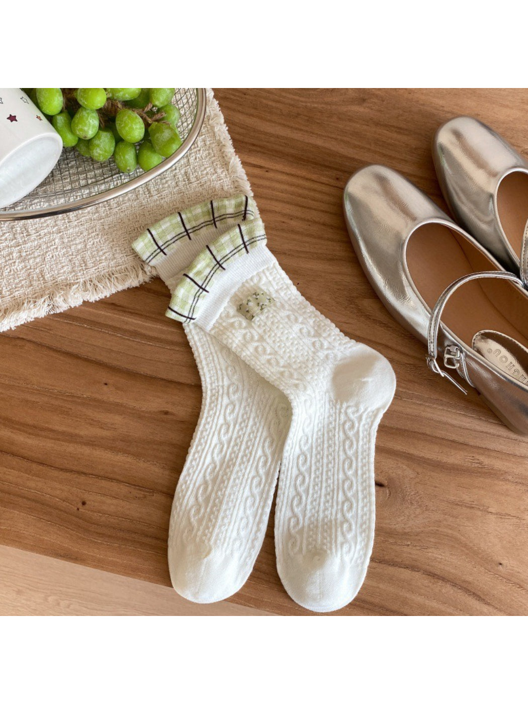 Rufia cute everyday ribbed socks paired with casual outfit on model