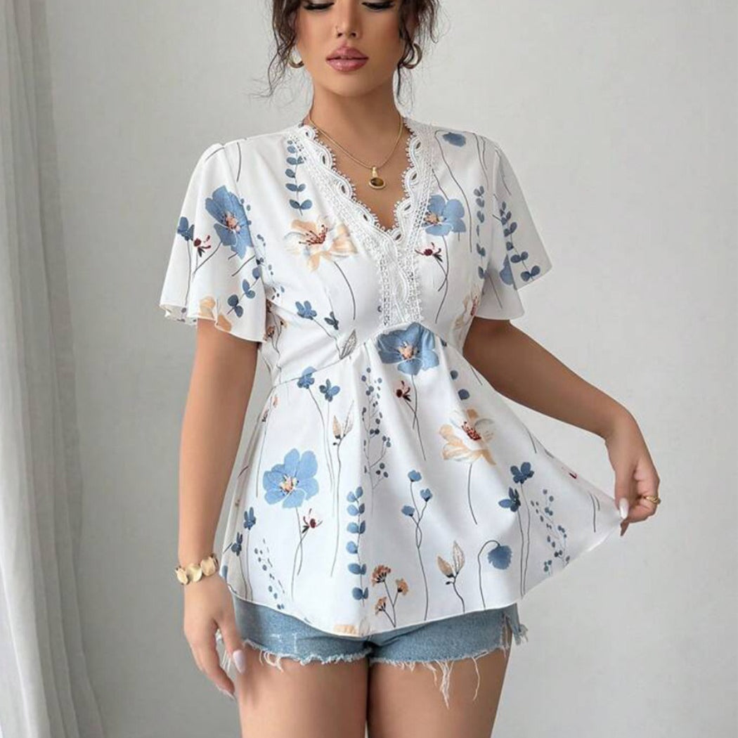 Troposa - Floral V-Neck Peplum Blouse - Summer Ready