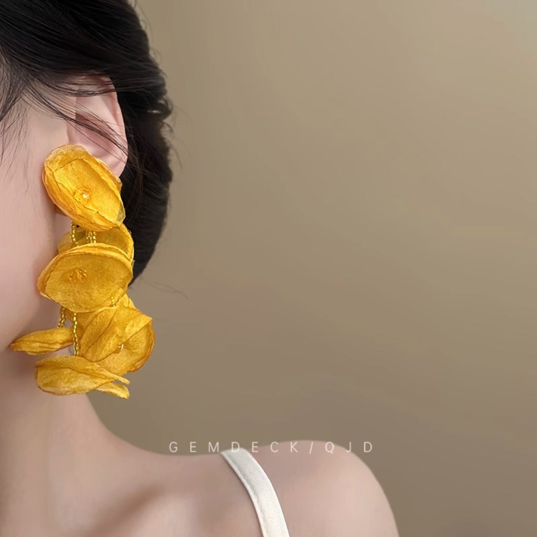 Yellow Sheer Floral Tassel Earrings