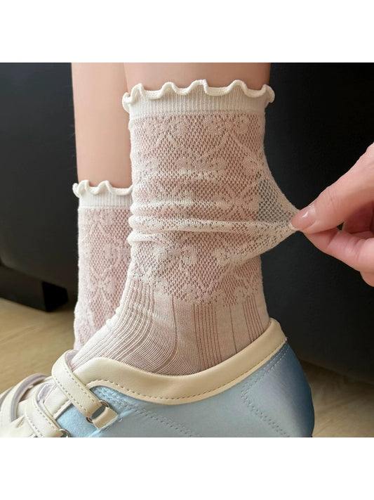 Rufia - Ruffle Cuff Bow Pattern Crew Socks