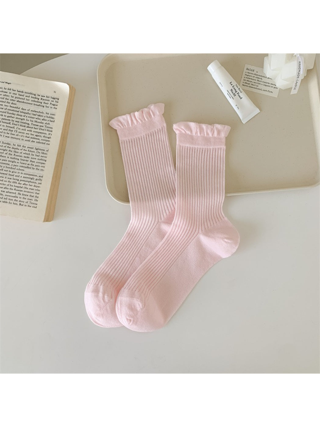 Rufia Everyday Ruffle Cuff Crew Socks folded neatly showing ruffle cuff and soft knit