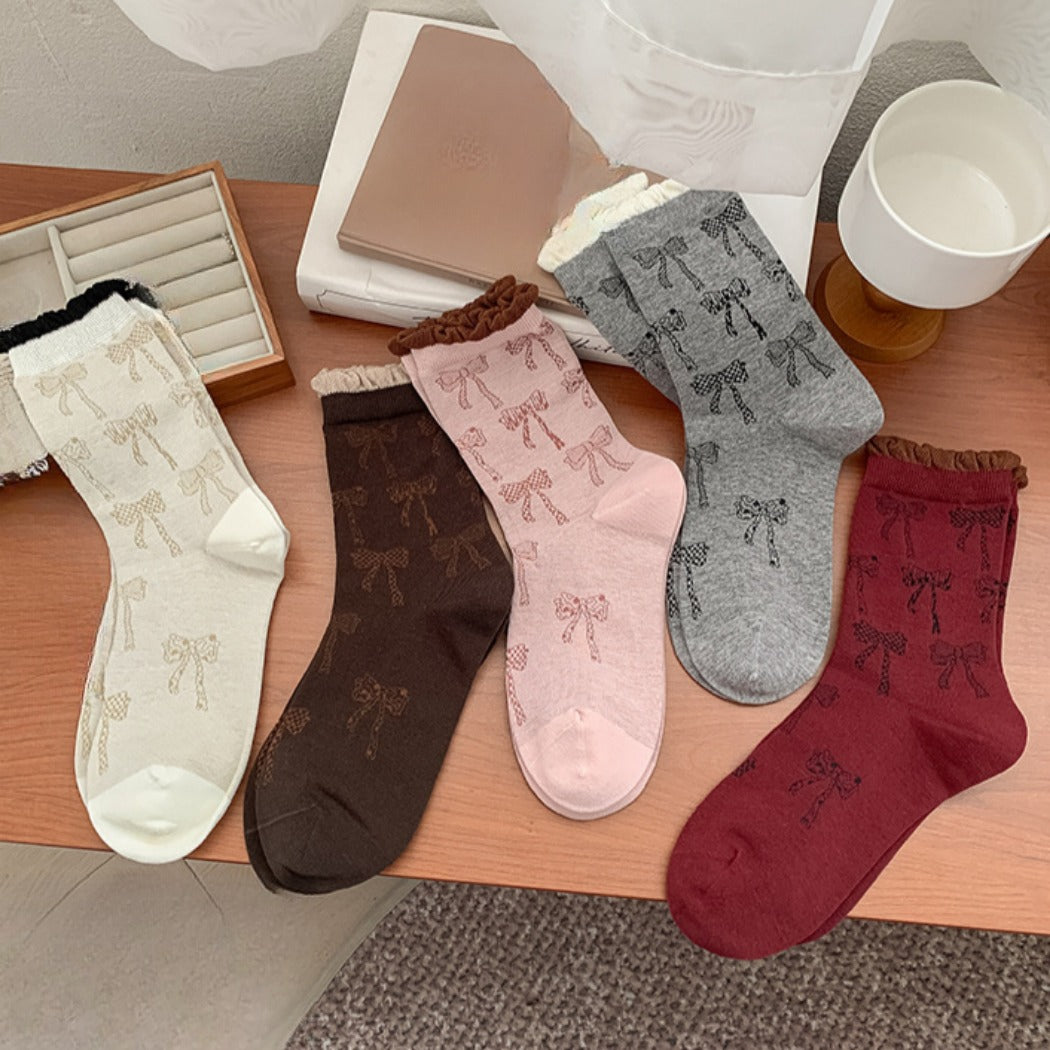 Rufia - Retro Doodle Bow Crew Socks - Sweet & Stylish