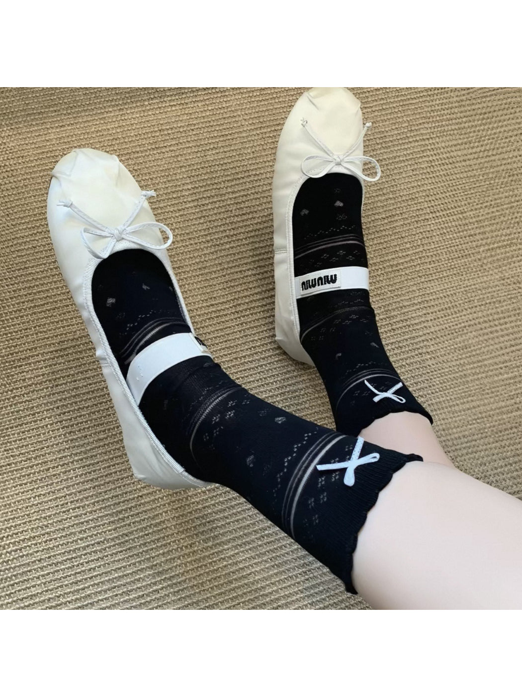 Soft blue ribbon socks styled with a light outfit in natural light
