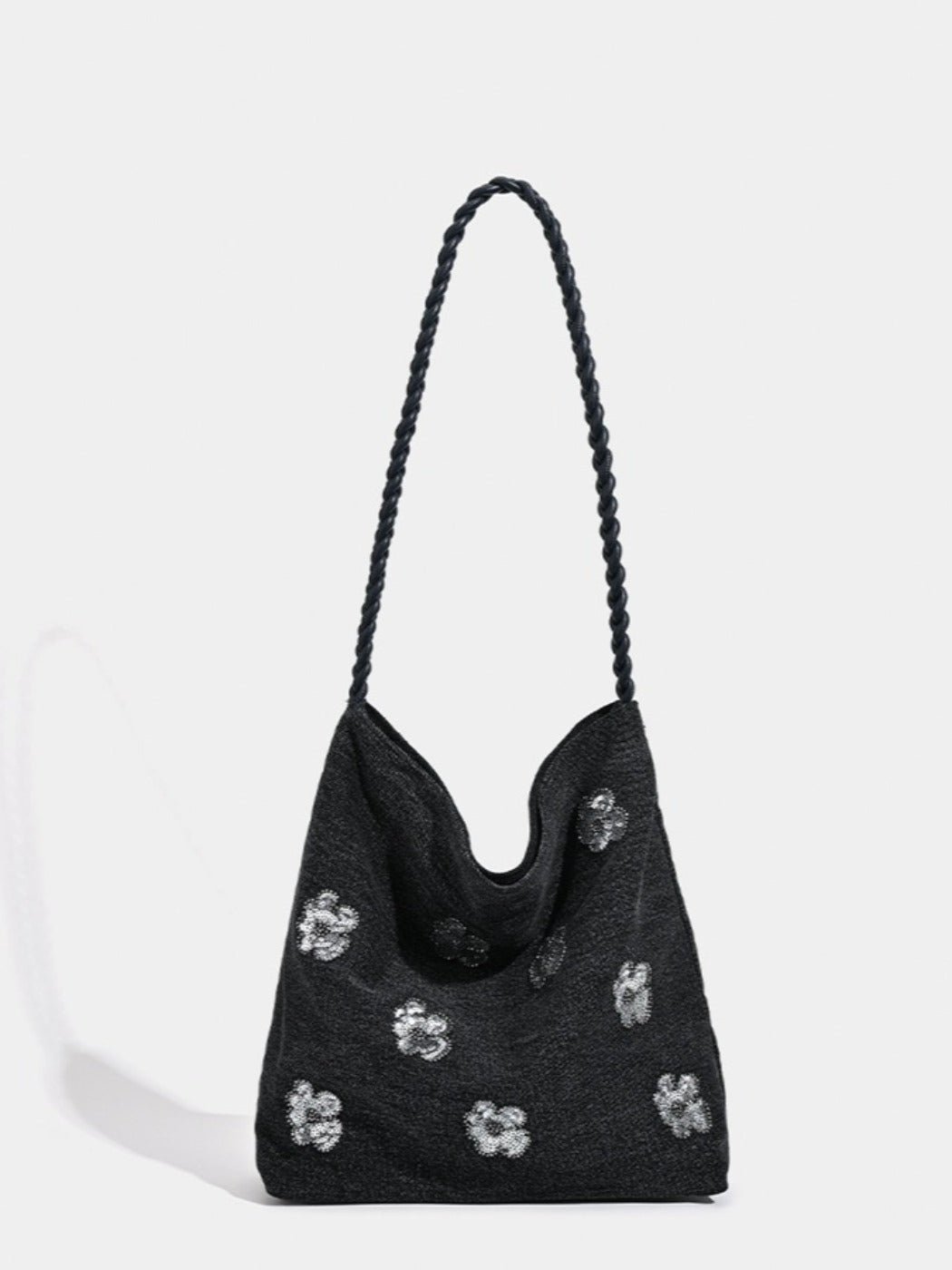 Cosbai - Black Single-shoulder Denim Bag with Sequin Decorations