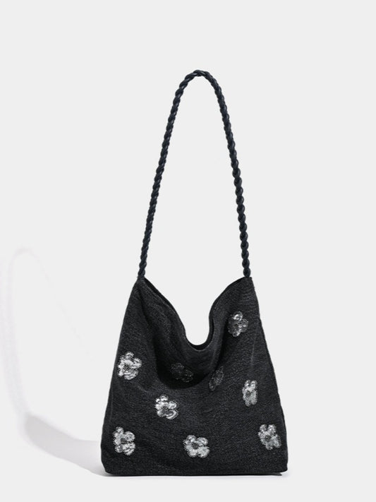 Cosbai - Black Single-shoulder Denim Bag with Sequin Decorations