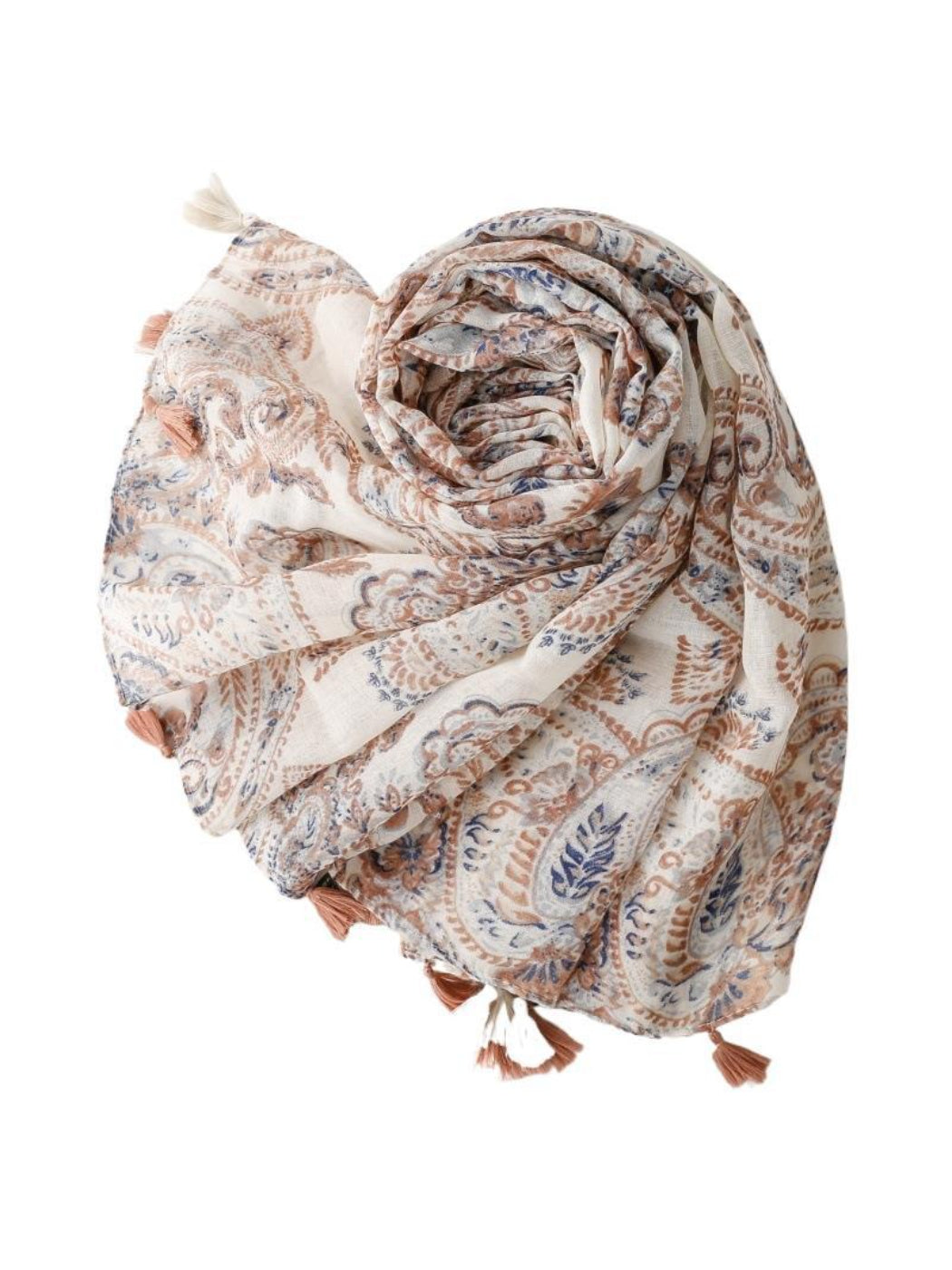 Scarvii boho paisley tassel shawl styled as a wrap on a white background