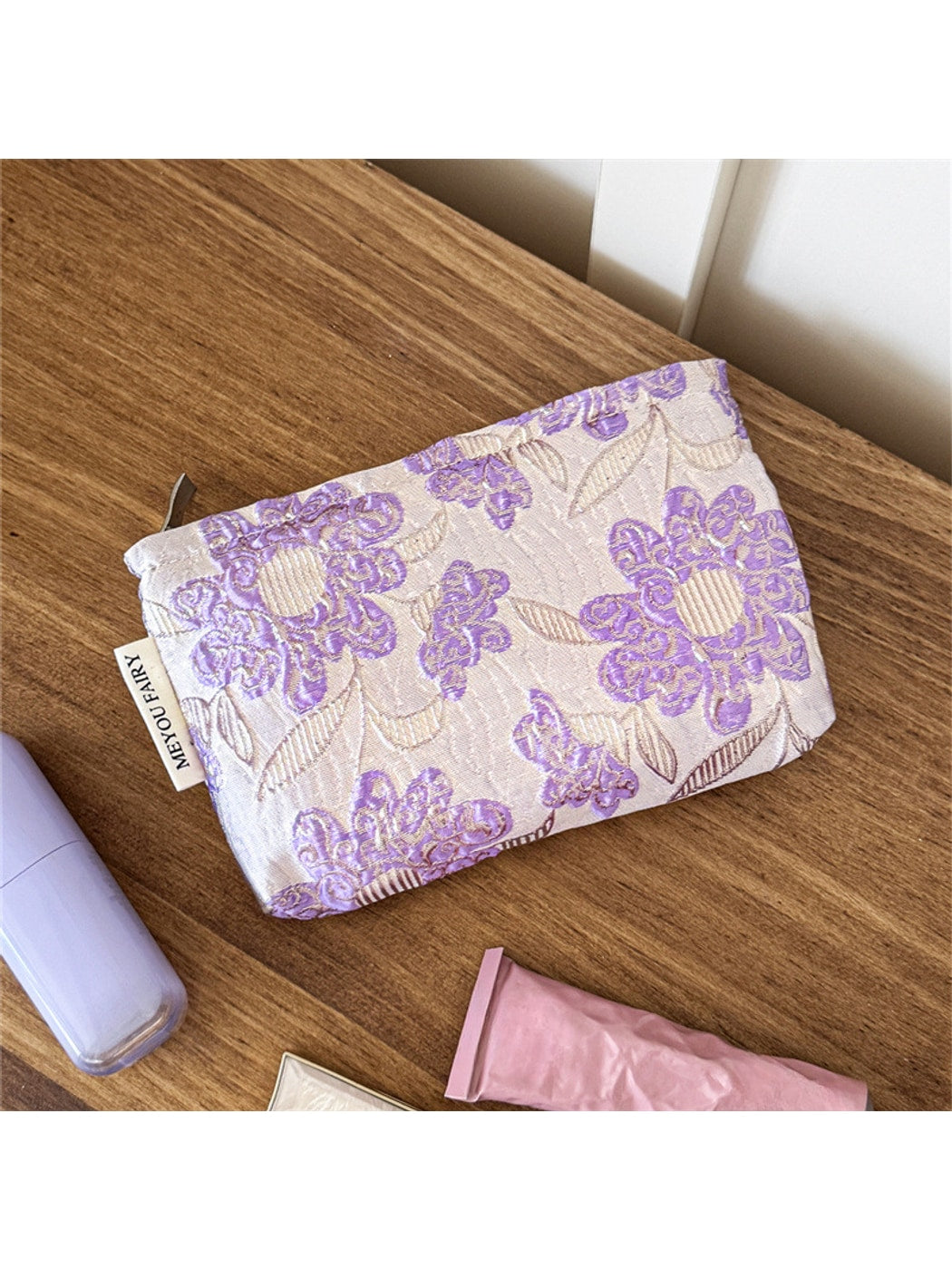 Cosbai - Raised Floral Zipper Makeup Bag
