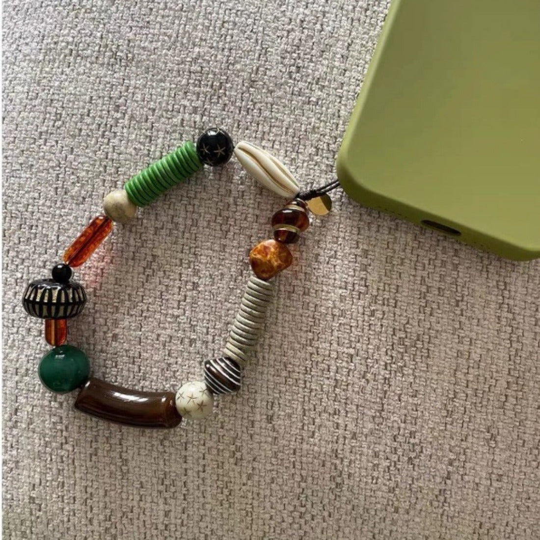 Cutie - Vintage Brown & Green Beaded Phone Strap