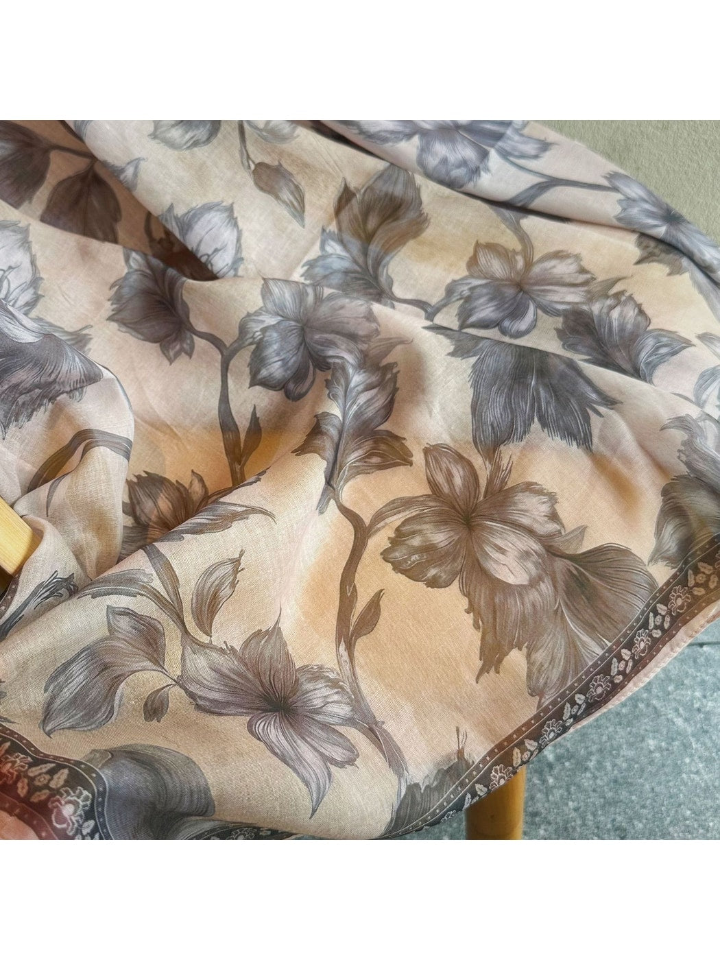 Scarvii - Muted Grey Vintage Floral Print Square Scarf
